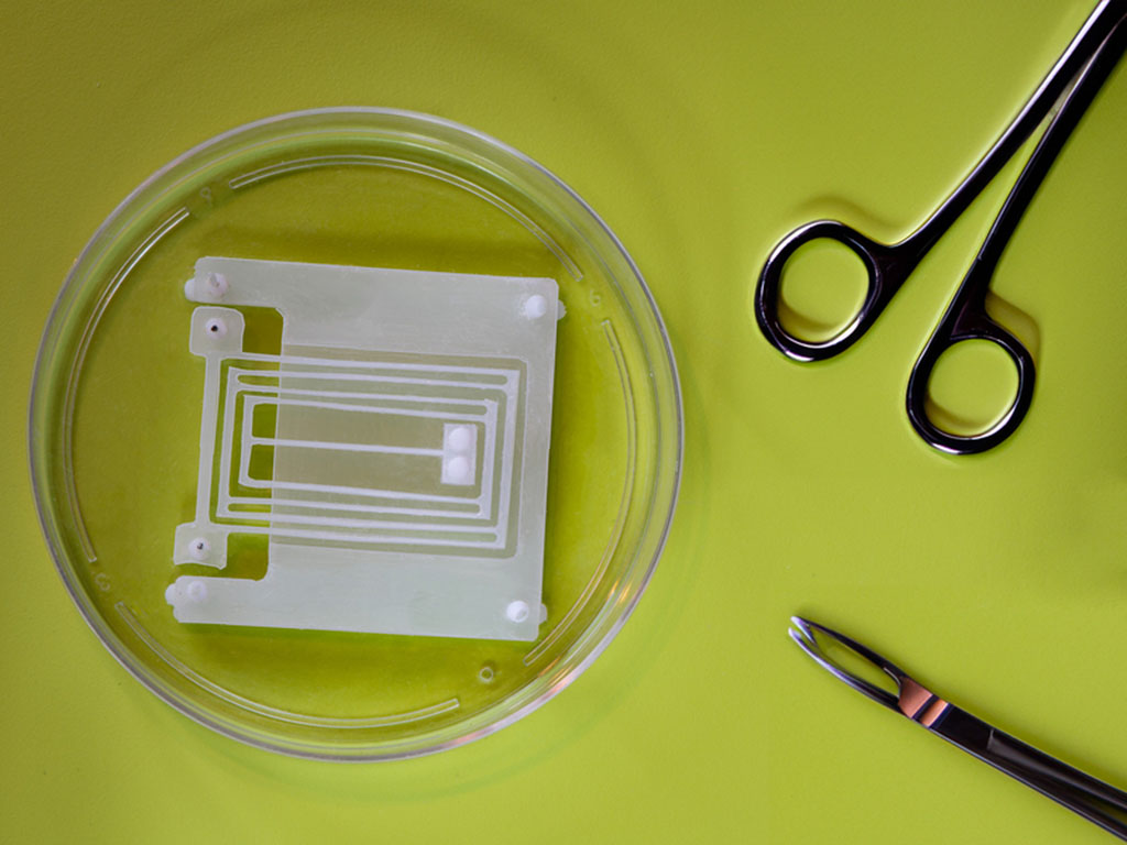 Square spring device in Petri dish, pair of fine point scissors, and pliers sit atop green surface