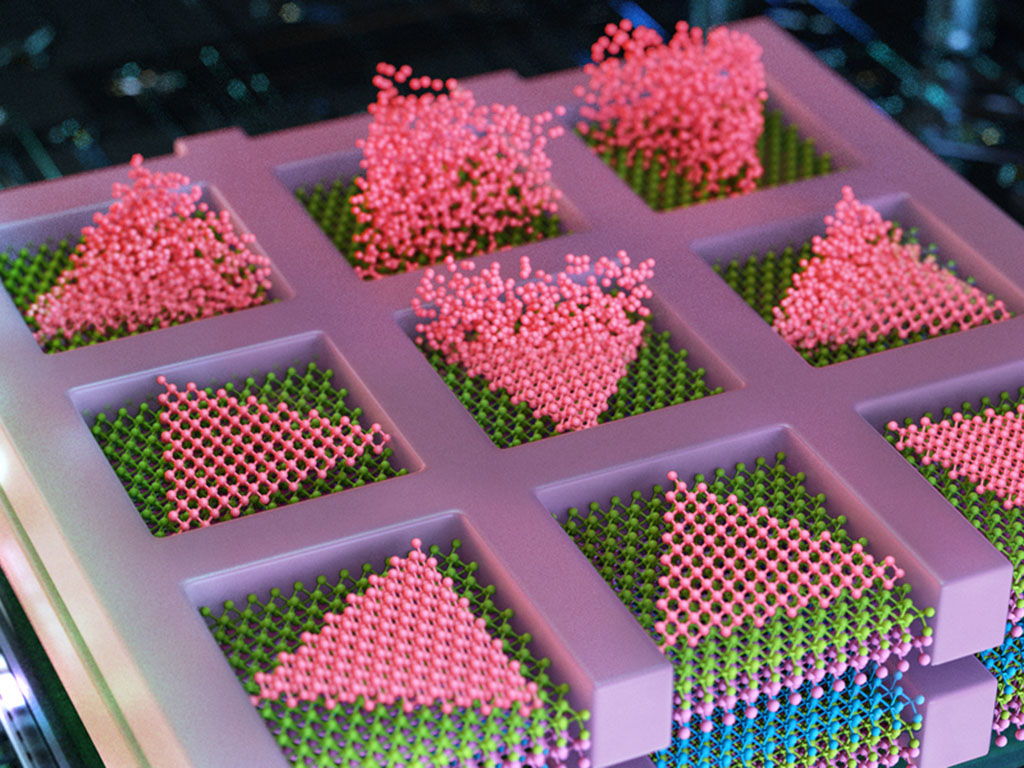 Illustration of a futuristic chip shows colorful layers of lattices, with the top layer floating upwards.