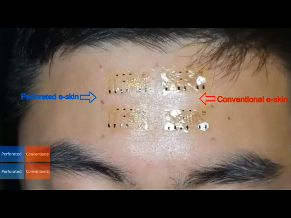 The researchers tested the e-skin by sticking it to a volunteer’s wrist and forehead for a week.. The volunteer wore the tape during sweat-inducing activities, such as running on a treadmill for 30 minutes and consuming a spicy meal, pictured.