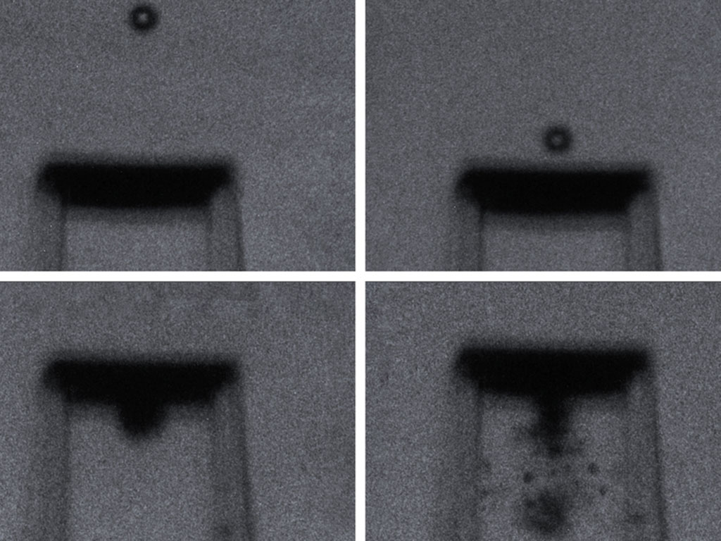 Four grainy video stills show a bridge-like structure. A spherical particle approaches the bridge and smashes through it.