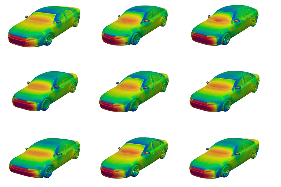 In a new dataset that includes more than 8,000 car designs, MIT engineers simulated the aerodynamics for a given car shape, which they represent in various modalities, including “surface fields.”