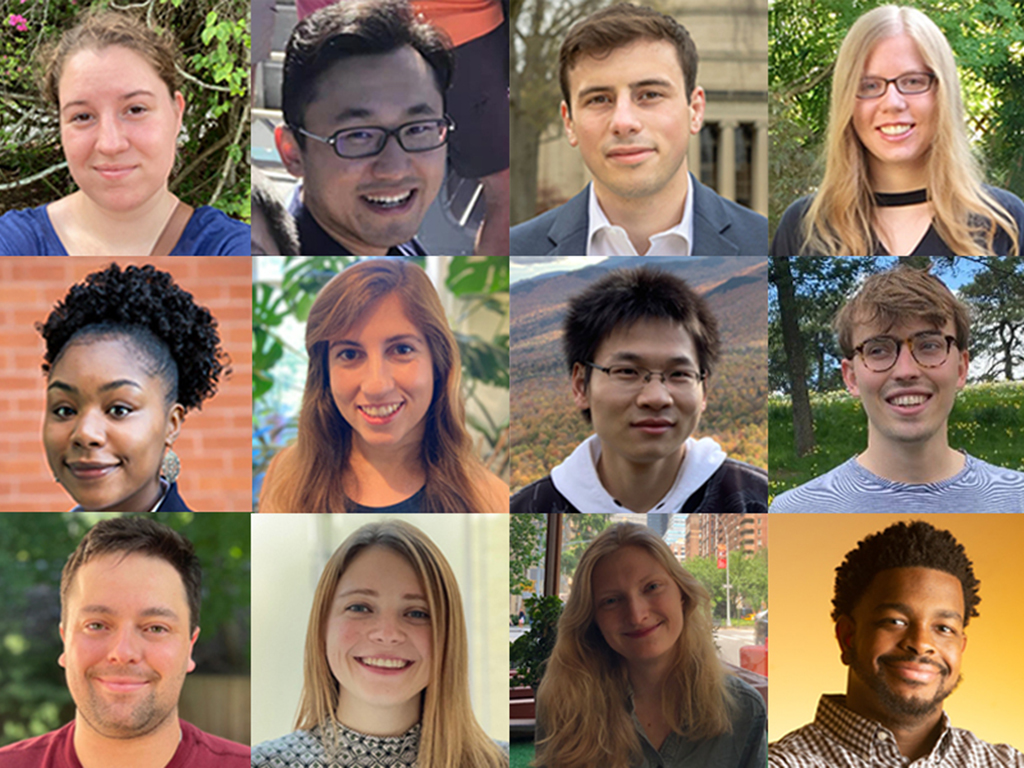 Collage of Fellows:TOP row, left to right: Camille Farruggio, Wenhao Gao, Samuel Goldman, and Sarah Gurev. Middle row, left to right: R’mani Haulcy, Velina Kozareva, Yang Liu, and Luke Murray. Bottom row, left to right: Mark David Olchanyi, Krist